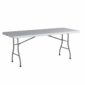 A table with white top and metal legs.