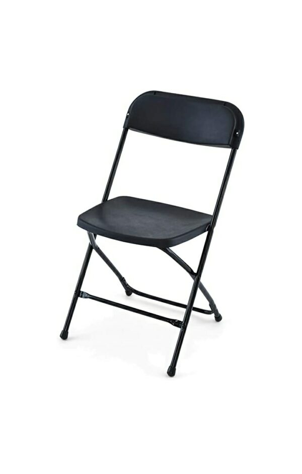 A black folding chair is shown with no back.