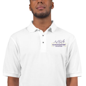 A man wearing a white polo shirt with the words " american beauty bank ".