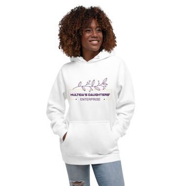 A woman is wearing a white hoodie with purple writing.